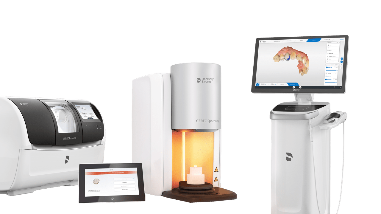 Dentsply Sirona CEREC equipment family with scanning, milling and sintering units
