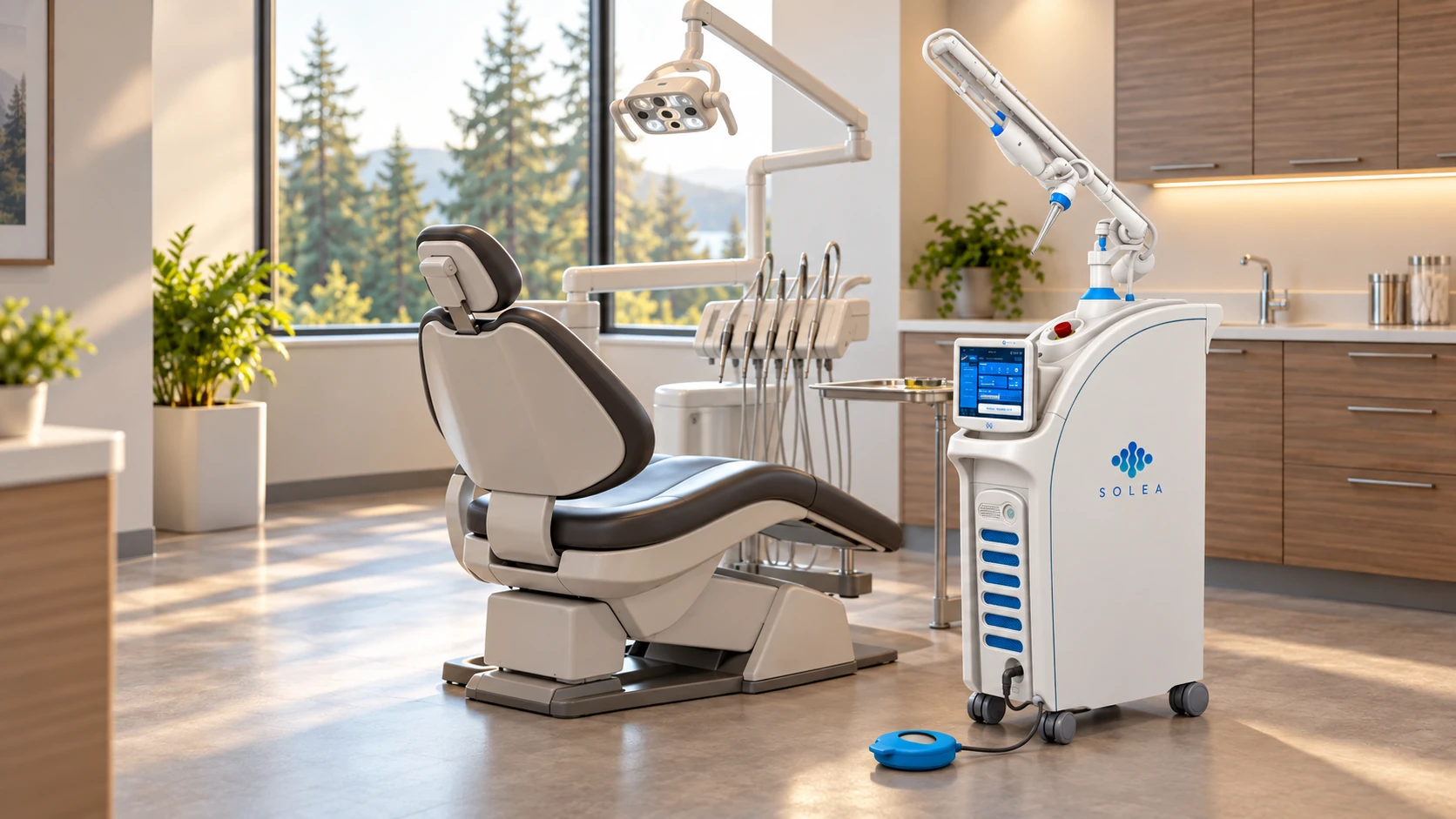 Illustrative warm dental operatory featuring a Solea all-tissue laser